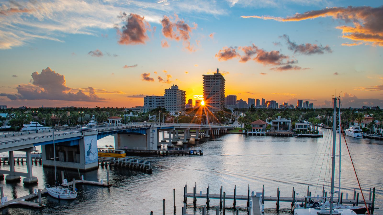 The Fort Lauderdale waterfront and marina at sunset