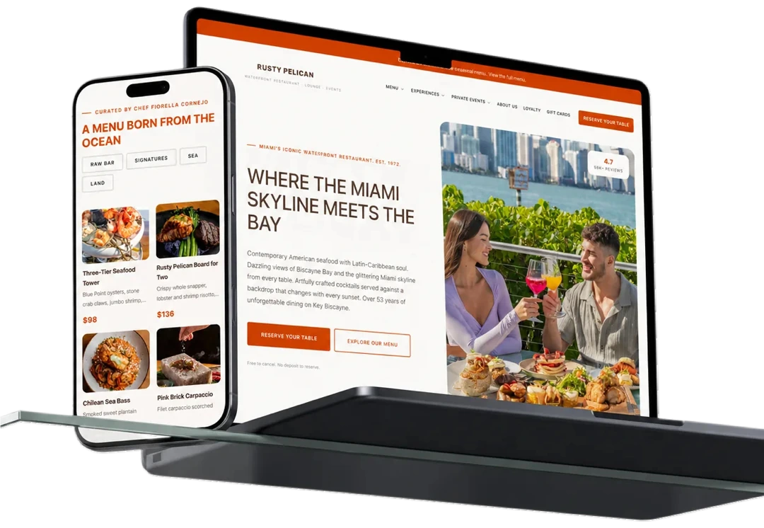 Restaurant website mockup shown on a phone and computer
