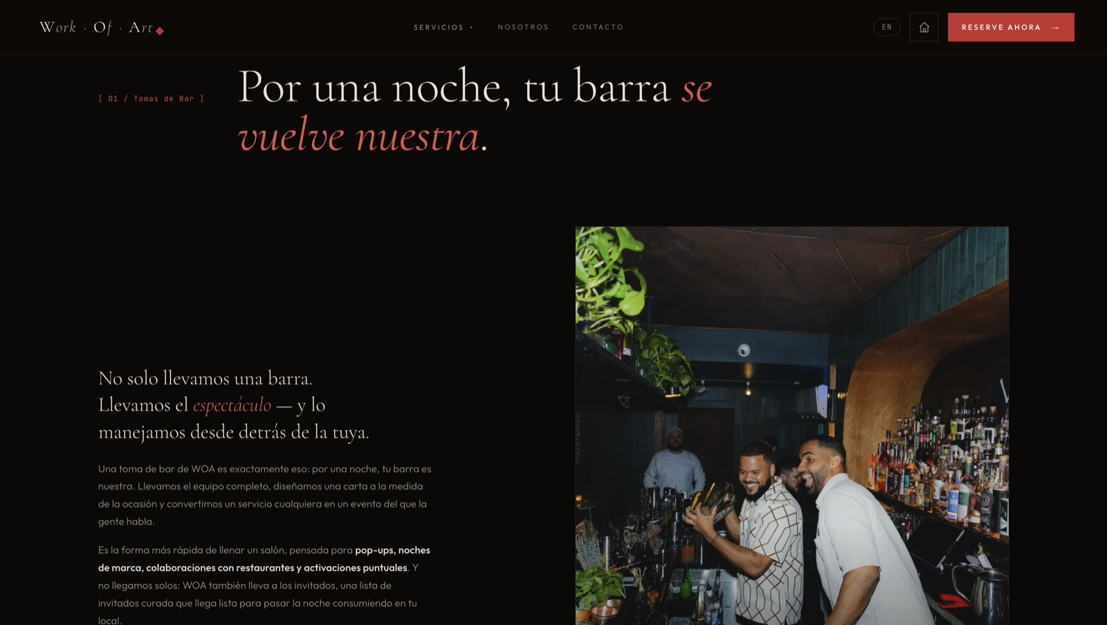The same WOA Cocktails service page shown in Spanish