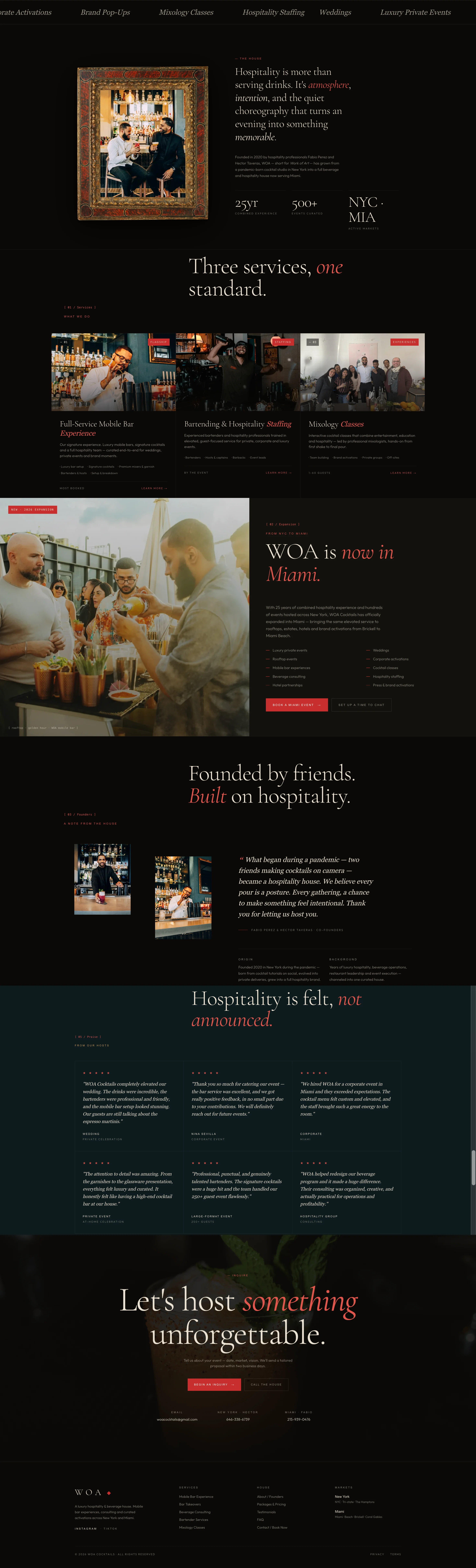 The full WOA Cocktails homepage Button Up Media designed and built
