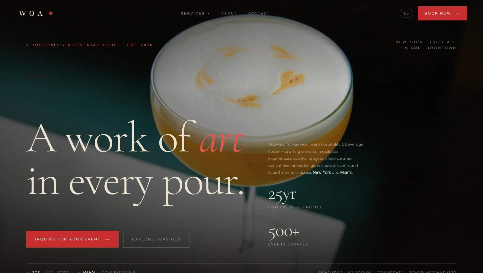 Custom restaurant website design for WOA Cocktails, built by Button Up Media