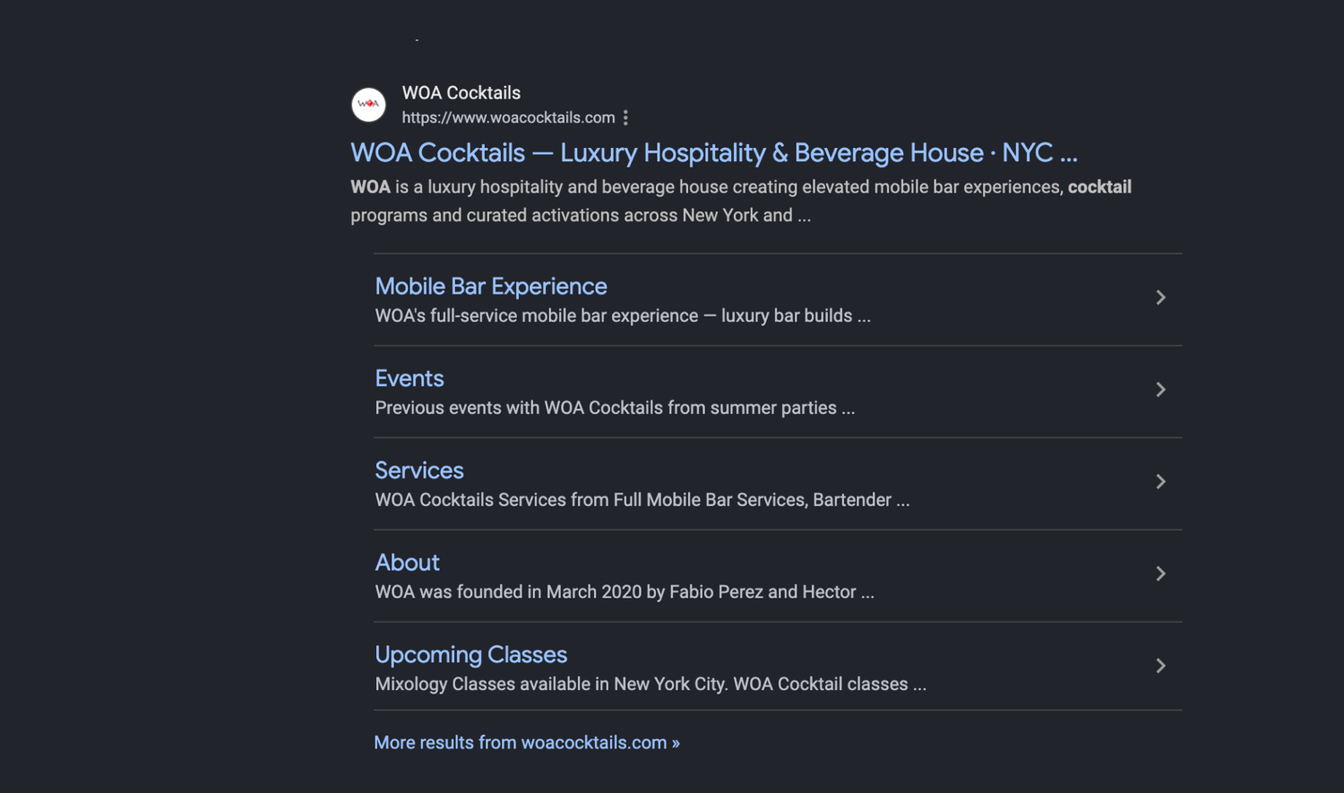 WOA Cocktails English result on Google, with sitelinks for Mobile Bar Experience, Events, Services, and About