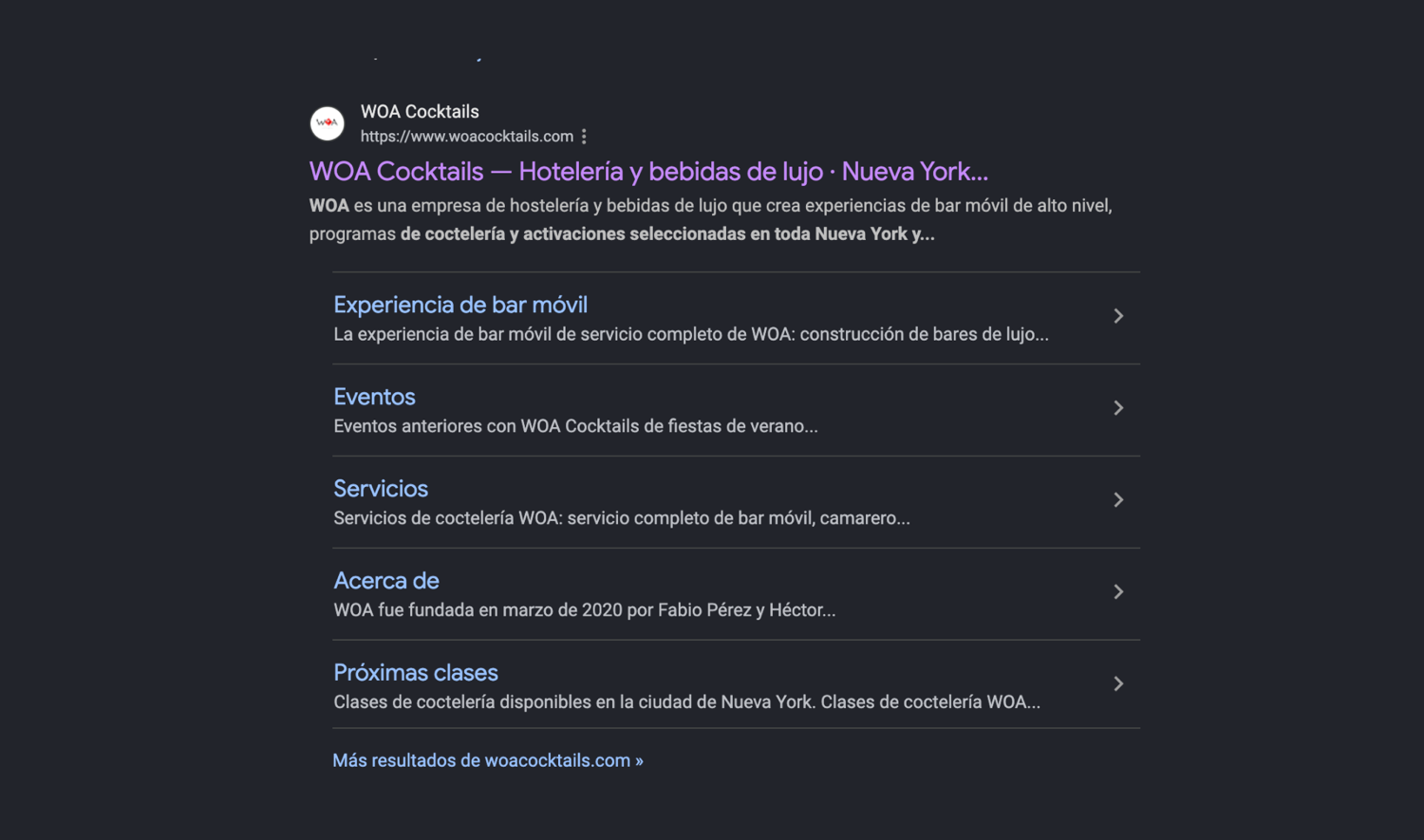 WOA Cocktails Spanish result on Google, with sitelinks in Spanish for Experiencia de bar movil, Eventos, Servicios, and Acerca de